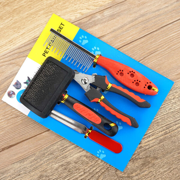 Dog Grooming Four-piece Comb Brush Nail Scissors File Cleaning Kit - Image 6