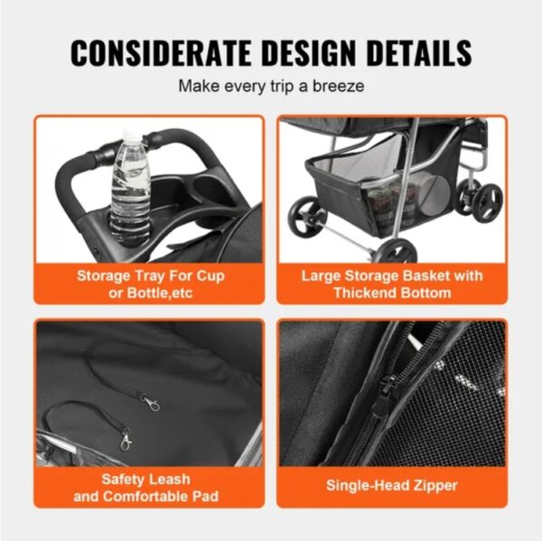 VEVOR Pet Stroller, 3 Wheels Dog Stroller Rotate With Brakes, 35lbs Weight Capacity, Puppy Stroller With Front Pedal, Velcro, Storage Basket And Cup Holder, For Dogs And Cats Travel, Black - Image 6
