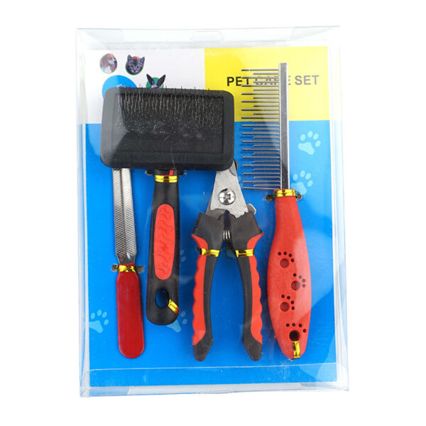 Dog Grooming Four-piece Comb Brush Nail Scissors File Cleaning Kit - Image 4