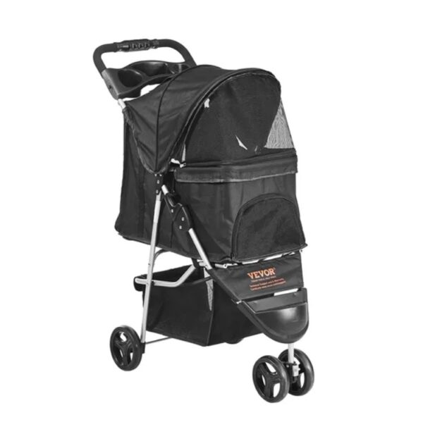 VEVOR Pet Stroller, 3 Wheels Dog Stroller Rotate With Brakes, 35lbs Weight Capacity, Puppy Stroller With Front Pedal, Velcro, Storage Basket And Cup Holder, For Dogs And Cats Travel, Black - Image 4