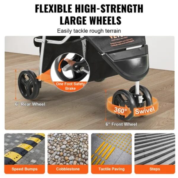 VEVOR Pet Stroller, 3 Wheels Dog Stroller Rotate With Brakes, 35lbs Weight Capacity, Puppy Stroller With Front Pedal, Velcro, Storage Basket And Cup Holder, For Dogs And Cats Travel, Black - Image 7