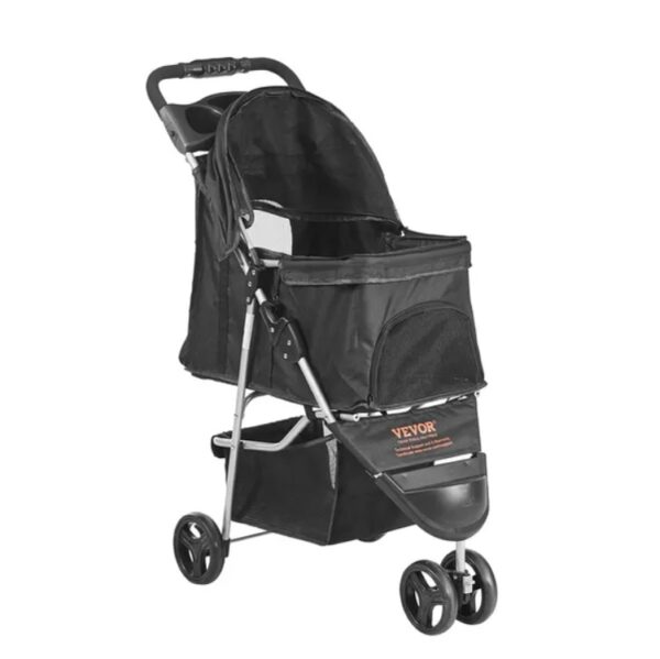 VEVOR Pet Stroller, 3 Wheels Dog Stroller Rotate With Brakes, 35lbs Weight Capacity, Puppy Stroller With Front Pedal, Velcro, Storage Basket And Cup Holder, For Dogs And Cats Travel, Black - Image 2