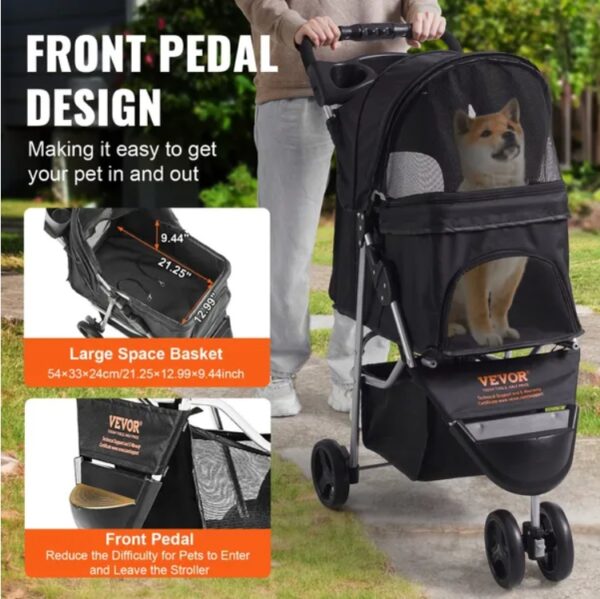 VEVOR Pet Stroller, 3 Wheels Dog Stroller Rotate With Brakes, 35lbs Weight Capacity, Puppy Stroller With Front Pedal, Velcro, Storage Basket And Cup Holder, For Dogs And Cats Travel, Black - Image 5