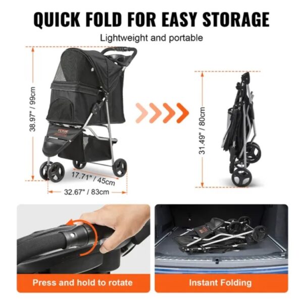 VEVOR Pet Stroller, 3 Wheels Dog Stroller Rotate With Brakes, 35lbs Weight Capacity, Puppy Stroller With Front Pedal, Velcro, Storage Basket And Cup Holder, For Dogs And Cats Travel, Black - Image 8